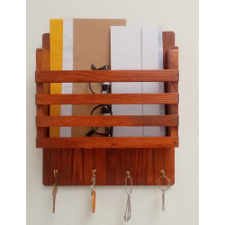 Wooden Mail/Remote Control Holder with Key Hooks.