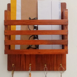 Wooden Mail/Remote Control Holder with Key Hooks.