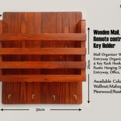 Wooden Mail/Remote Control Holder with Key Hooks.