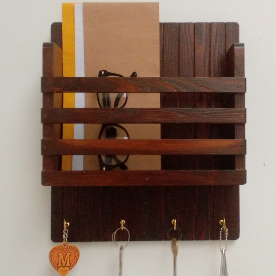Wooden Mail/Remote Control Holder with Key Hooks.