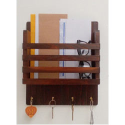 Wooden Mail/Remote Control Holder with Key Hooks.