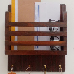 Wooden Mail/Remote Control Holder with Key Hooks.