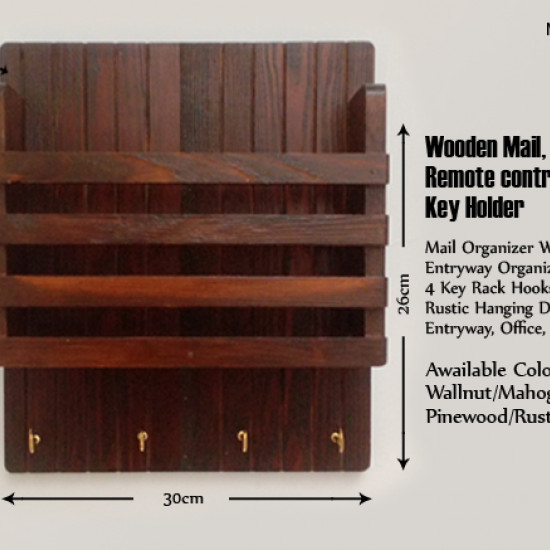 Wooden Mail/Remote Control Holder with Key Hooks.