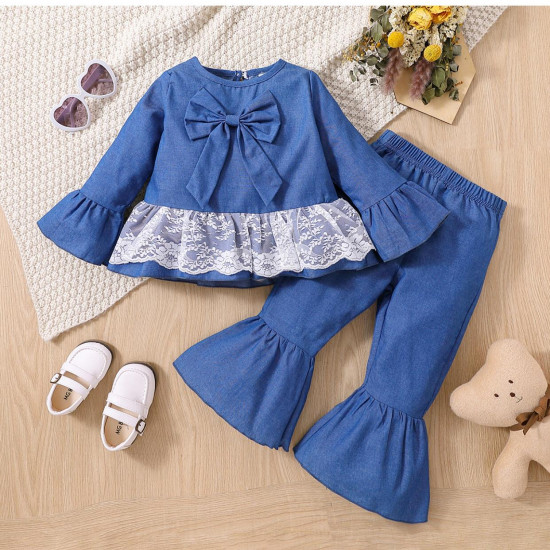 Lace Design Tee and Flared Pants Set