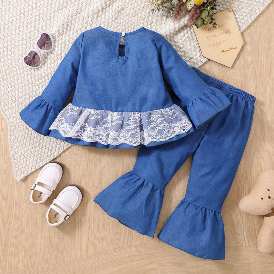 Lace Design Tee and Flared Pants Set