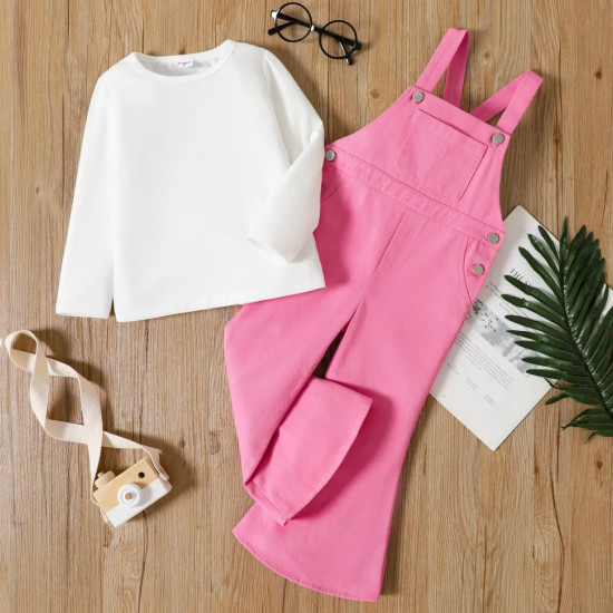 Long-Sleeve Tee and Button Flared Overalls Set