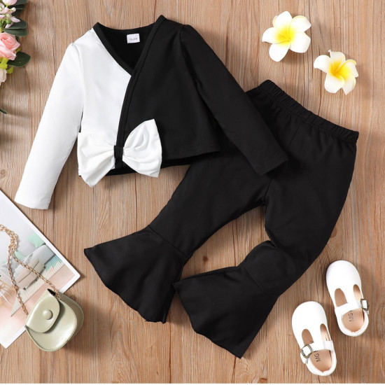 V Neck Long-Sleeve Tee And Black Flared Pants