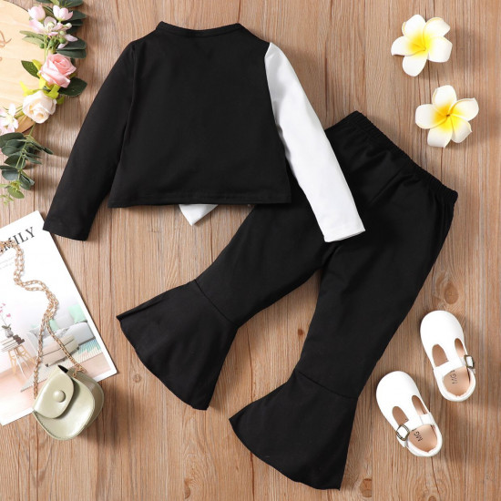 V Neck Long-Sleeve Tee And Black Flared Pants