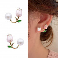 French  Luxury Pink Tulip Flower Pearl Earring