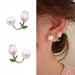 French  Luxury Pink Tulip Flower Pearl Earring